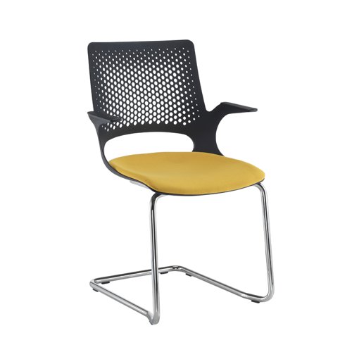 Solus designer cantilever meeting chair with upholstered seat, chrome frame and black shell - made to order