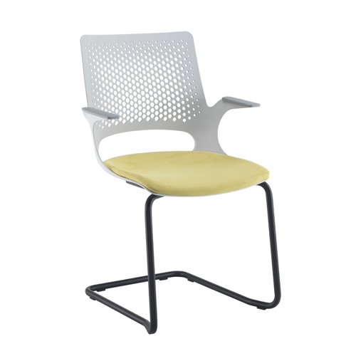 Solus designer cantilever meeting chair with upholstered seat, black frame and dove grey shell - made to order