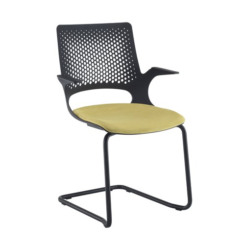 Solus designer cantilever meeting chair with upholstered seat, black frame and black shell - made to order