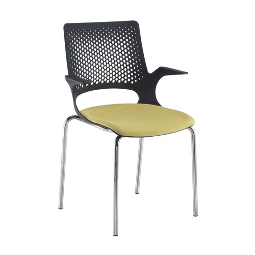 Solus designer 4 leg meeting chair with upholstered seat, chrome legs and black shell - made to order