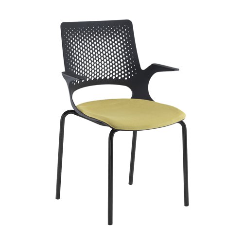 Solus designer 4 leg meeting chair with upholstered seat, black legs and black shell - made to order