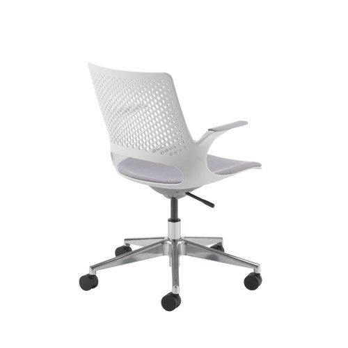 Solus designer operators chair with upholstered seat and chrome base and castors and dove grey shell - made to order Dams International