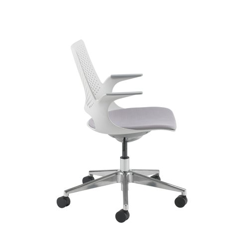 Solus designer operators chair with upholstered seat and chrome base and castors and dove grey shell - made to order