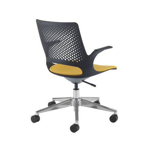Solus designer operators chair with upholstered seat and chrome base and castors and black shell - made to order