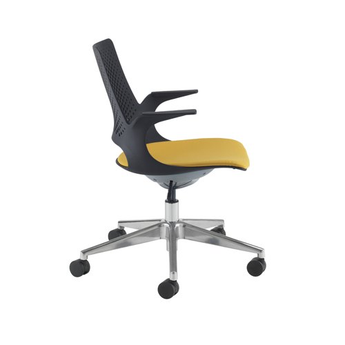 Solus designer operators chair with upholstered seat and chrome base and castors and black shell - made to order Dams International