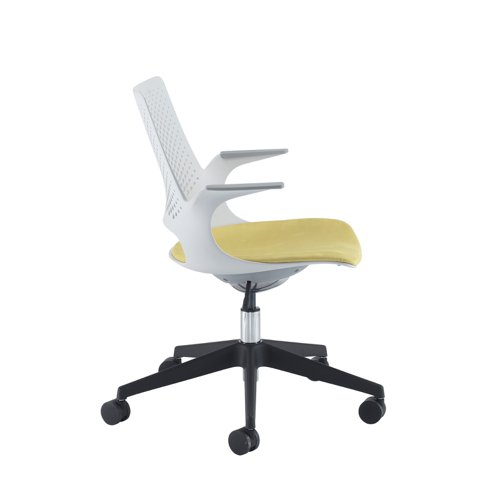 Solus designer operators chair with upholstered seat and black base and castors and dove grey shell - made to order