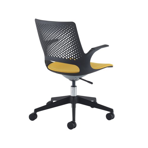 Solus designer operators chair with upholstered seat and black base and castors and black shell - made to order Dams International
