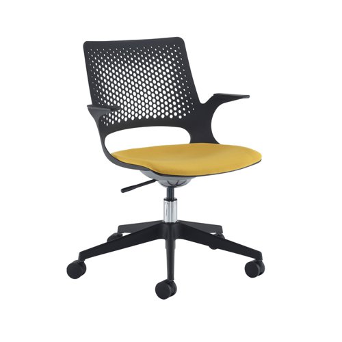 Solus designer operators chair with upholstered seat, black base, castors and black shell - made to order