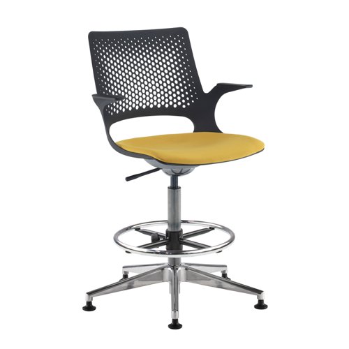 Solus designer draughtsmans chair with upholstered seat, chrome base, glides and black shell - made to order