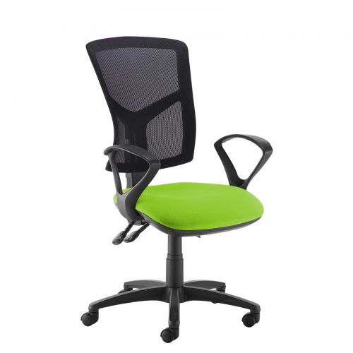 Green high mesh back operator chair with fixed arms