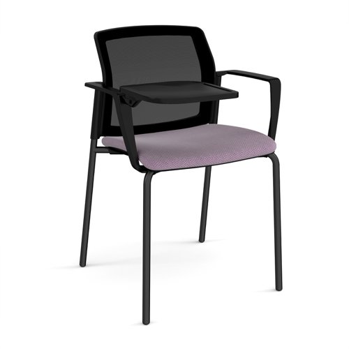 Santana 4 leg stacking chair with fabric seat and mesh back, black frame with arms and writing tablet - made to order