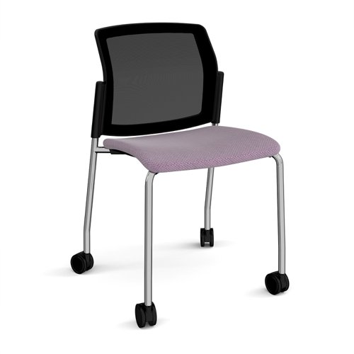 Santana 4 leg mobile chair with fabric seat and mesh back, chrome frame with castors and no arms - made to order