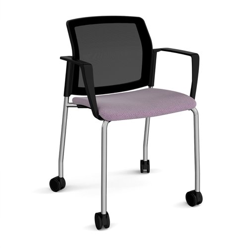 Santana 4 leg mobile chair with fabric seat and mesh back, chrome frame with castors and fixed arms - made to order
