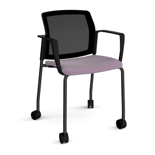 Santana 4 leg mobile chair with fabric seat and mesh back, black frame with castors and fixed arms - made to order