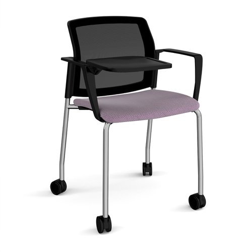 Santana 4 leg mobile chair with fabric seat and mesh back, chrome frame with castors, arms and writing tablet - made to order
