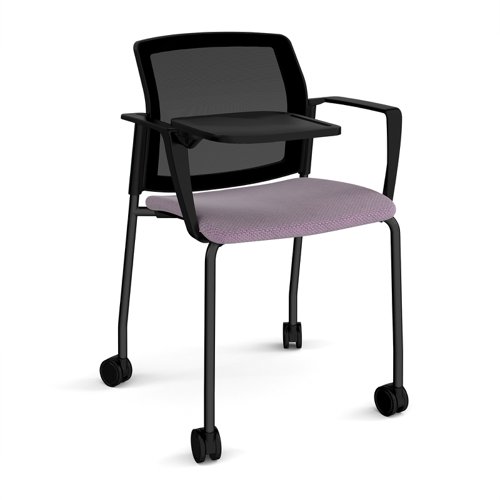 Santana 4 leg mobile chair with fabric seat and mesh back, black frame with castors, arms and writing tablet - made to order