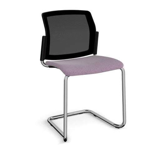 Santana cantilever chair with fabric seat and mesh back, chrome frame and no arms - made to order