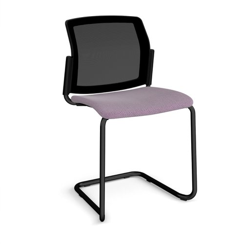 Santana cantilever chair with fabric seat and mesh back, black frame and no arms - made to order