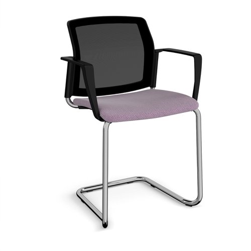 Santana cantilever chair with fabric seat and mesh back, chrome frame and fixed arms - made to order