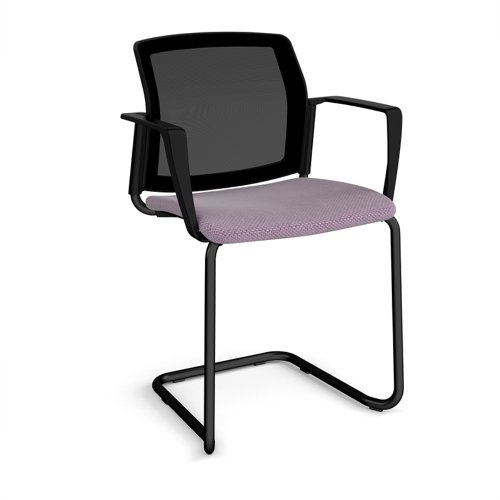 Santana cantilever chair with fabric seat and mesh back, black frame and fixed arms - made to order
