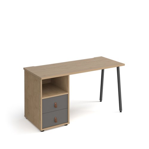 Sparta straight desk 1400mm x 600mm with A-frame leg and support pedestal with drawers - charcoal frame, oak finish with grey drawers
