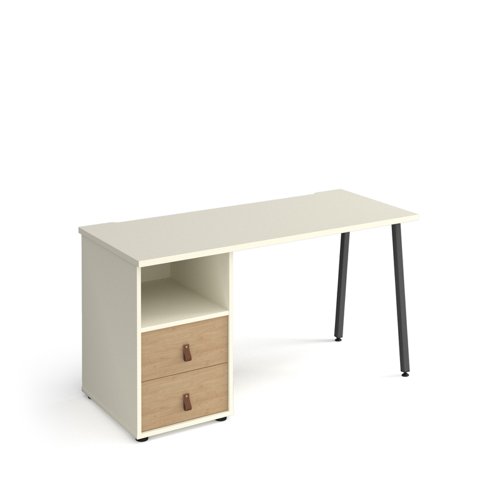 Sparta straight desk 1400mm x 600mm with A-frame leg and support pedestal with drawers - charcoal frame, white finish with oak drawers