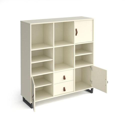 Sparta cube storage unit 1370mm high with 6 open boxes and charcoal A-frame legs - white