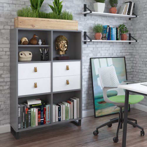Sparta cube storage unit 1370mm high with 6 open boxes and charcoal A-frame legs - white