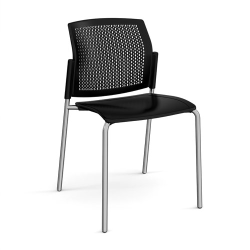 Santana 4 leg stacking chair with plastic seat and perforated back, chrome frame and no arms - black