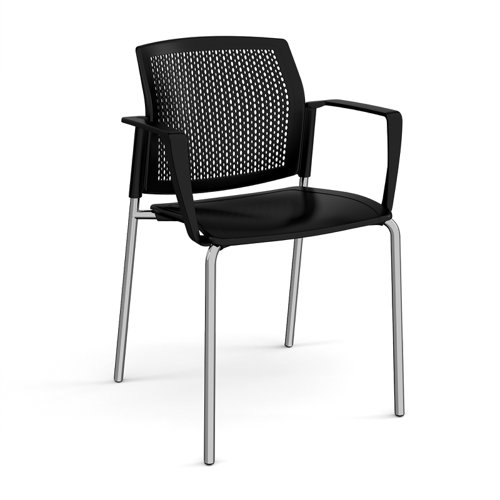 Santana 4 leg stacking chair with plastic seat and perforated back, chrome frame and fixed arms - black (Made-to-order 4 - 6 week lead time)