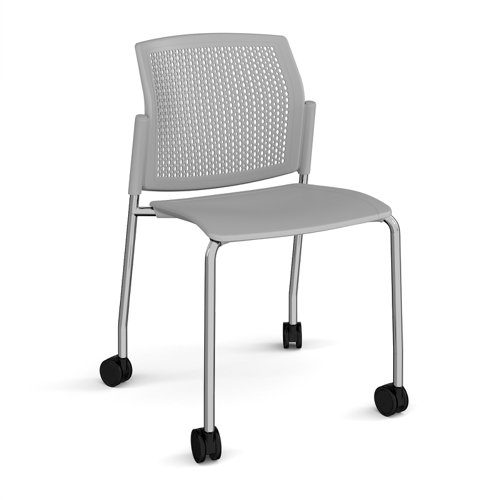 Santana 4 leg mobile chair with plastic seat and perforated back, chrome frame with castors and no arms - grey