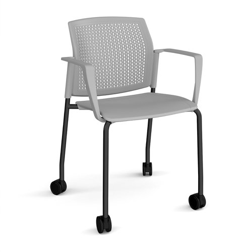 Santana 4 leg mobile chair with plastic seat and perforated back, black frame with castors and fixed arms - grey