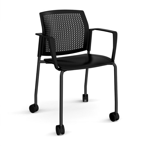 Santana 4 leg mobile chair with plastic seat and perforated back, black frame with castors and fixed arms - black