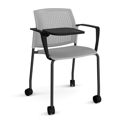 Santana 4 leg mobile chair with plastic seat and perforated back, black frame with castors, arms and writing tablet - grey
