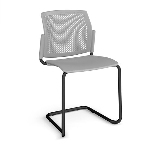Santana cantilever chair with plastic seat and perforated back, black frame and no arms - grey