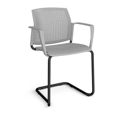 Santana cantilever chair with plastic seat and perforated back, black frame and fixed arms - grey