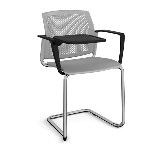 Santana cantilever chair with plastic seat and perforated back, chrome frame with arms and writing tablet - grey (Made-to-order 4 - 6 week lead time)