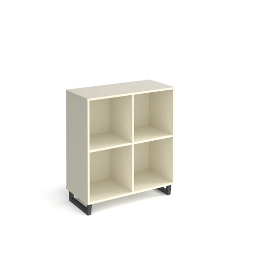 Sparta cube storage unit 950mm high with 4 open boxes and charcoal A-frame legs - white