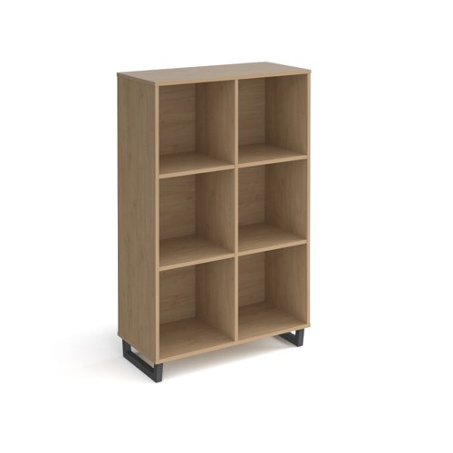 Sparta cube storage unit 1370mm high with 6 open boxes and charcoal A-frame legs - oak