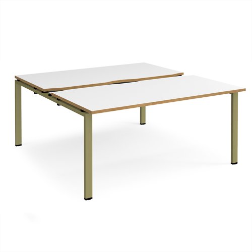 Adapt sliding top back to back desks 1600mm x 1600mm - green frame, white top, oak edge