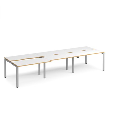 Adapt sliding top triple back to back desks 3600mm x 1200mm - silver frame, white top with oak edging