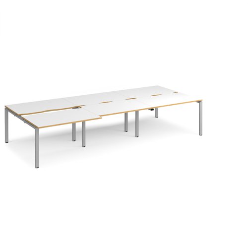 Adapt sliding top triple back to back desks 3600mm x 1600mm - silver frame, white top with oak edging