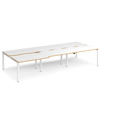 Adapt sliding top triple back to back desks 3600mm x 1600mm - white frame, white top with oak edging