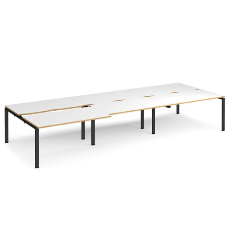 Adapt sliding top triple back to back desks 4200mm x 1600mm - black frame, white top with oak edging