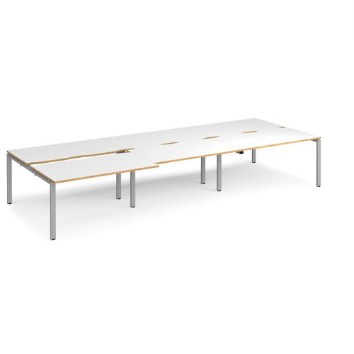 Adapt sliding top triple back to back desks 4200mm x 1600mm - silver frame, white top with oak edging