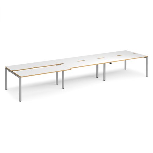 Adapt sliding top triple back to back desks 4800mm x 1200mm - silver frame, white top with oak edging