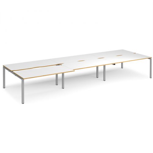 Adapt II sliding top triple back to back desks 4800mm x 1600mm - silver frame, white top with oak edging