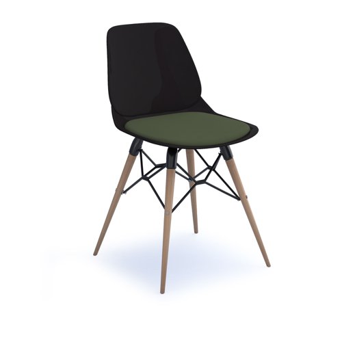 Strut chair with seat pad and natural oak 4 leg frame with black steel detail - black