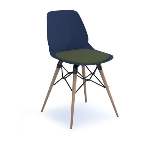 Strut chair with seat pad and natural oak 4 leg frame with black steel detail - navy blue