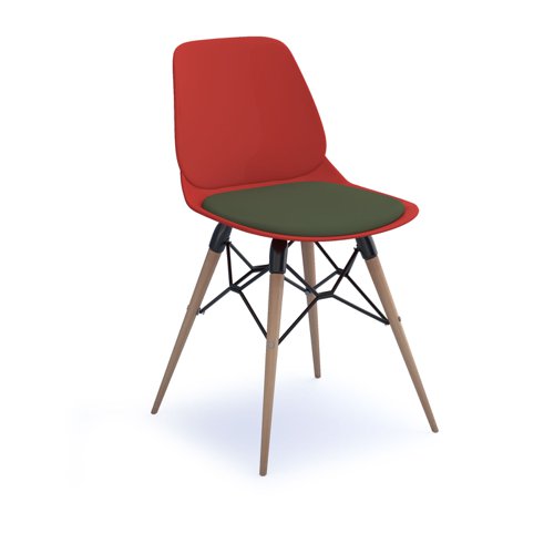 Strut chair with seat pad and natural oak 4 leg frame with black steel detail - red